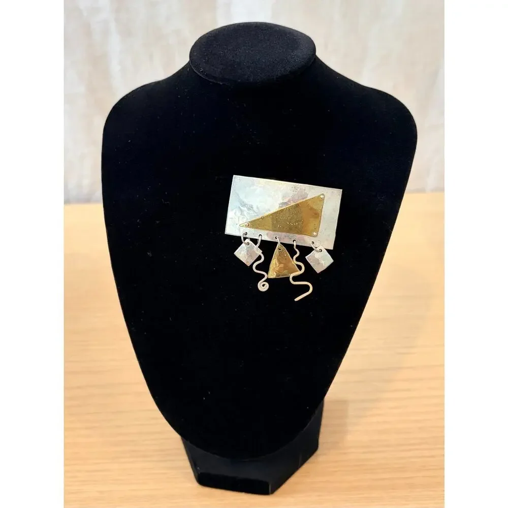 Sterling Silver Modernist Kinetic Brooch Pin With Brass Geometric Dangle